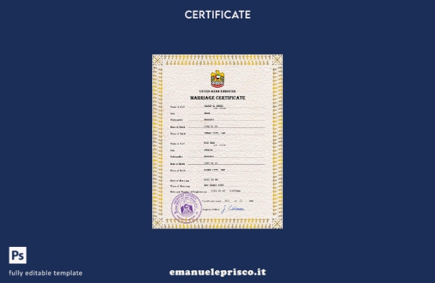 Modello PSD di certificato di matrimonio degli Emirati Arabi Uniti in stile veri